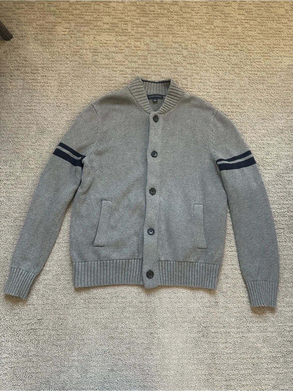 Banana Republic Men’s Gray Varsity Stripe Cotton Cardigan Sweater L